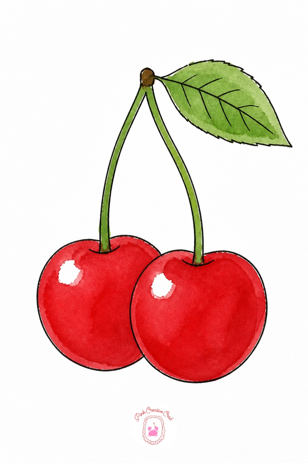 Pair Of Cherries — Lay down the two circles first, slightly overlapping, before any stem touches the page: that overlap is what makes the pair look joined