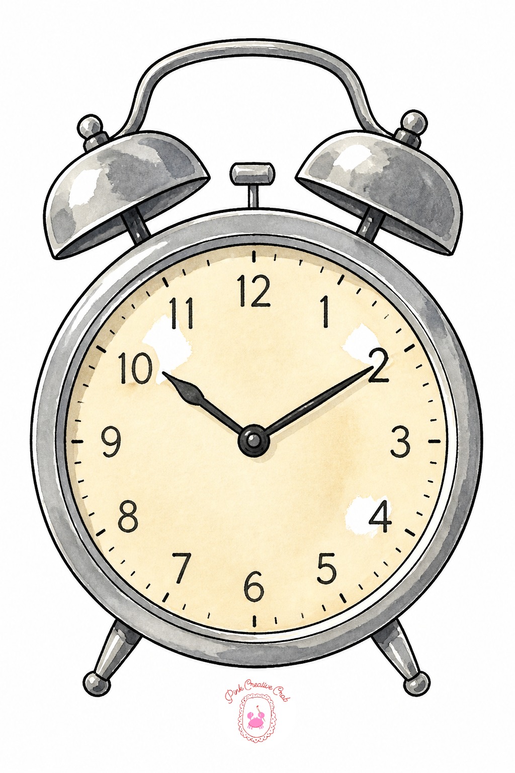 Vintage Alarm Clock — The clock face usually ends up oval instead of round, because the hand rushes the circle before the pen settles. Watercolor doodles