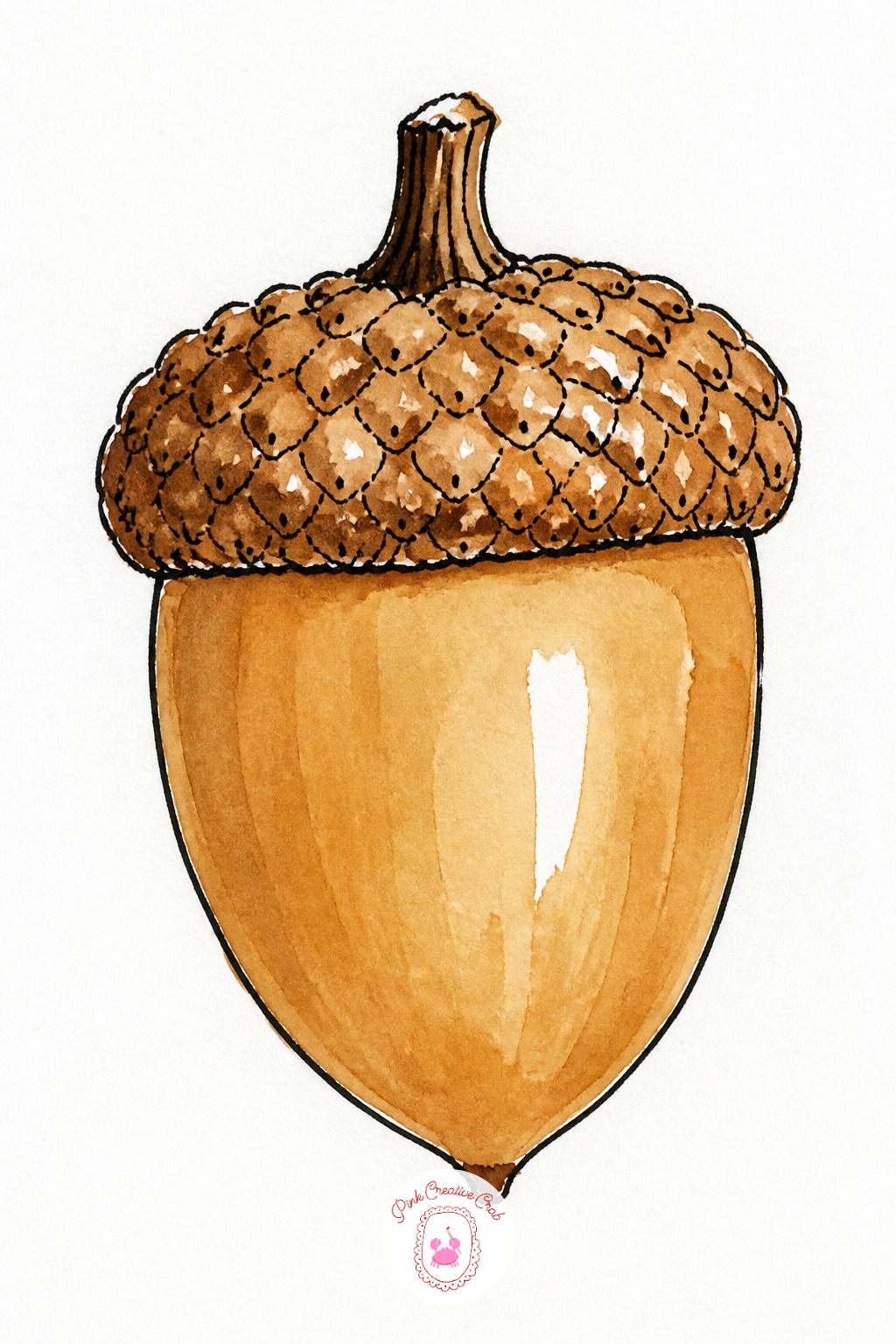 Acorn With Cap — Stipple the cap with the tip of a small round brush, tiny individual dabs rather than one wash, since that broken texture separates the cap