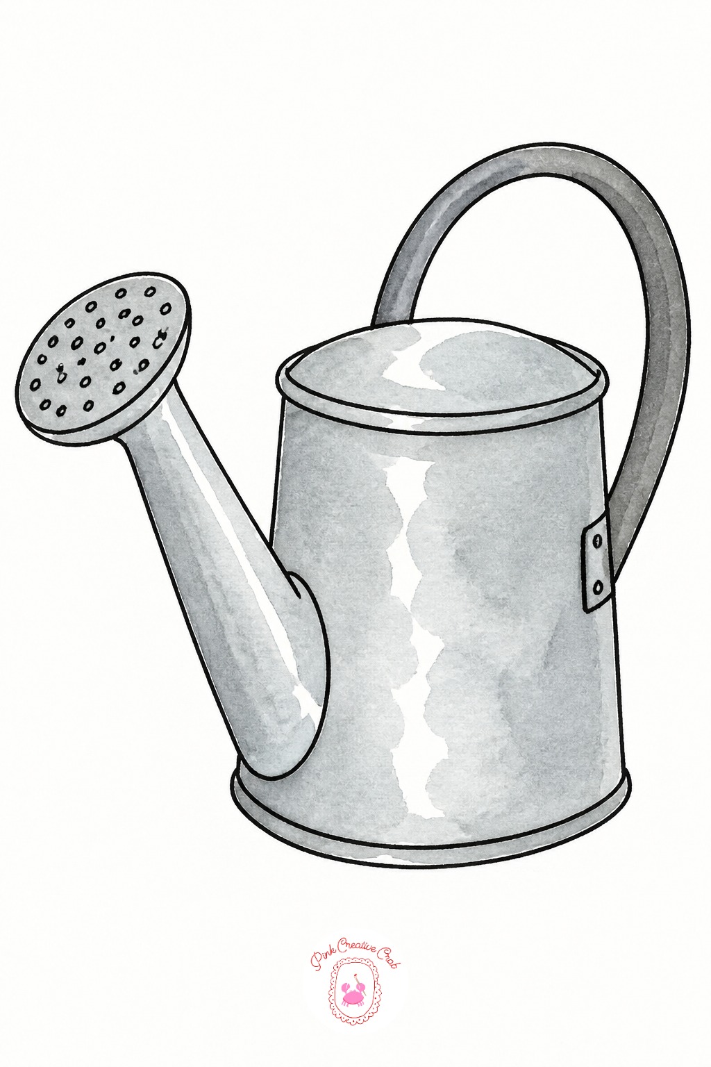 Watering Can — The spout often ends up too thin to hold its own line, disappearing against the body once paint goes over it. Watercolor doodles