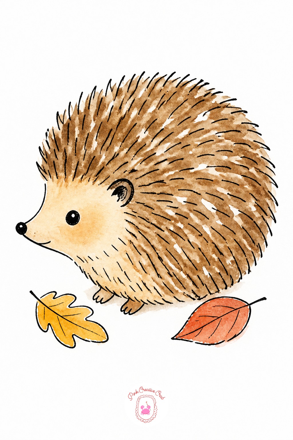 Hedgehog With Leaves — Draw the rounded back first, a single curved line that sets the whole silhouette, before any spikes get added. Watercolor doodles