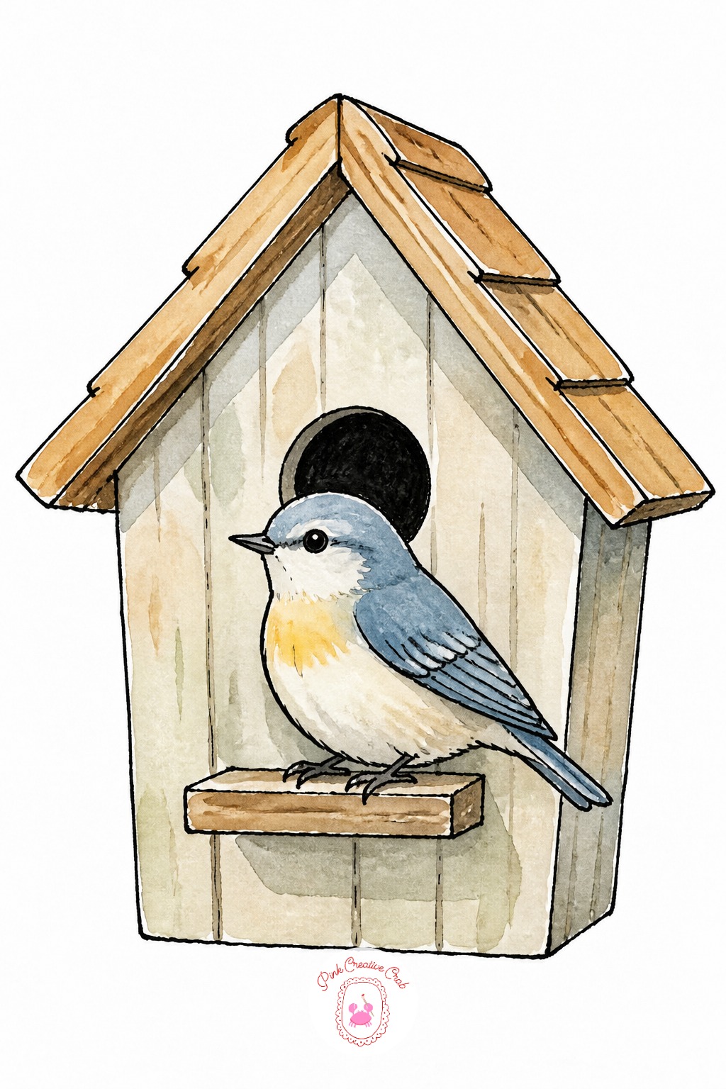 Birdhouse With Bird — Put the sun on one side of the roof before painting, so one slope of the birdhouse roof gets a flat warm dab and the other stays a shade