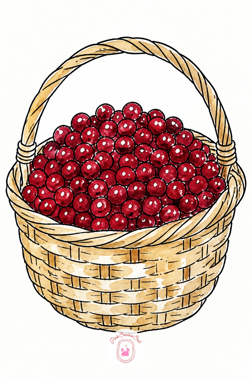 Basket Of Berries — Weave the basket texture with short, slightly dry horizontal pen strokes over a pale tan wash, rather than one smooth line around the