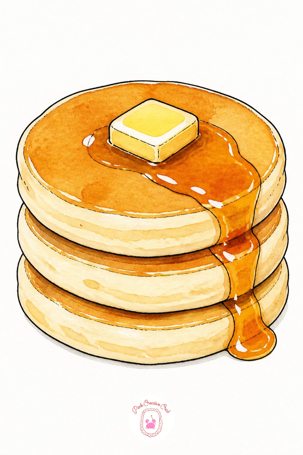 Stack Of Pancakes With Syrup — Ten minutes covers three stacked ovals, a pat of butter as a small flat dab on top, and a loose amber syrup dab dripping down