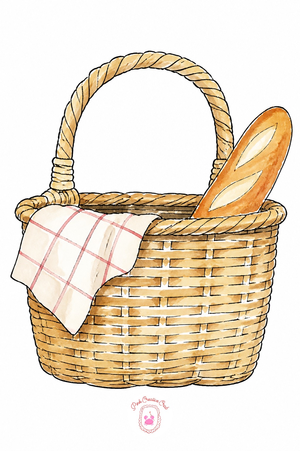 Picnic Basket — Once the basic basket with a cloth draped over one side works, change what peeks out from under the cloth next time, a baguette instead of