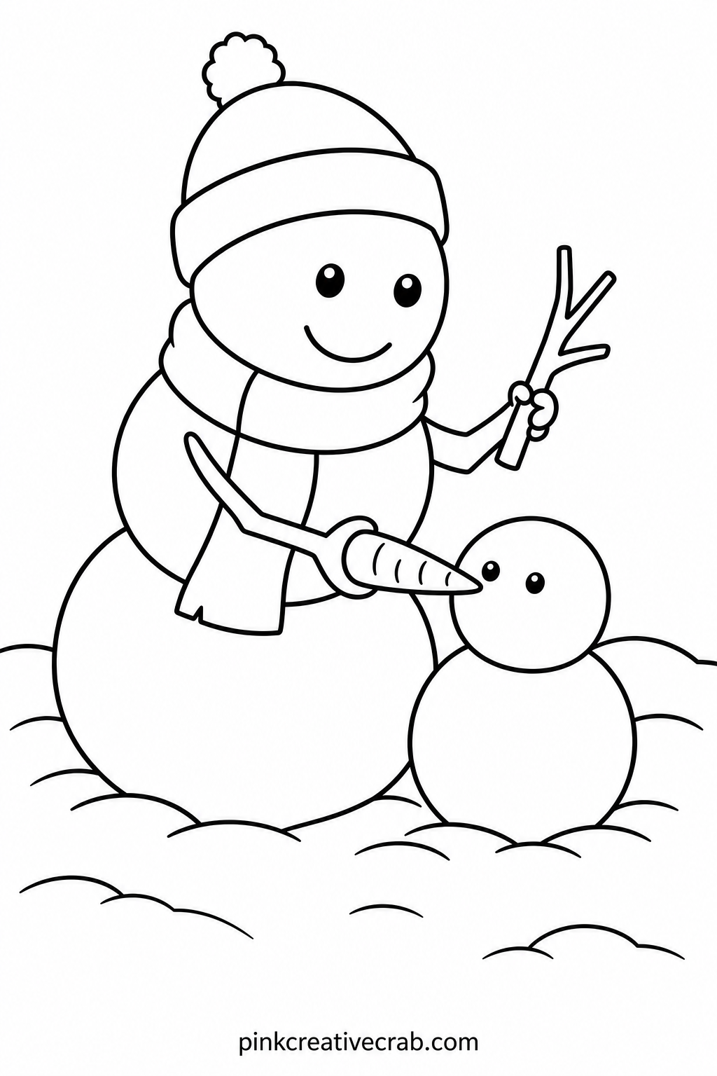 Snowman Building A Snowman printable page — Suits the youngest colorers best, since the three round shapes and the tiny snowman-sized snowman leave plenty of