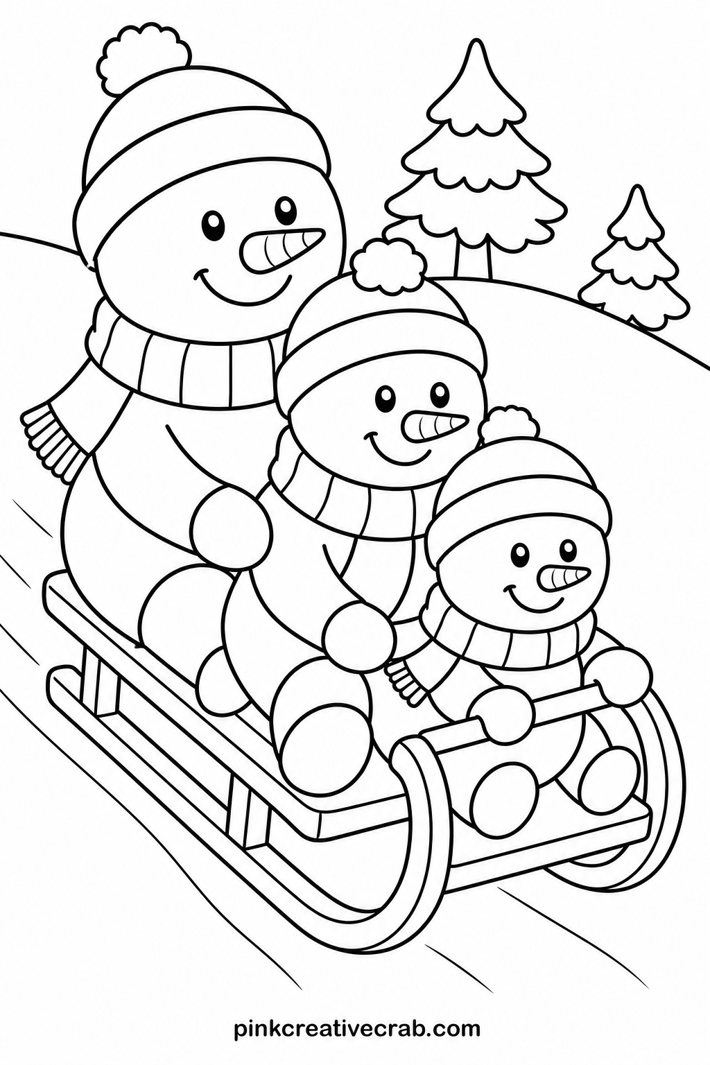Snowman Family Sledding printable page — Chunky crayons work best on this sheet, because the hill and the sled take up most of the space and leave little fine