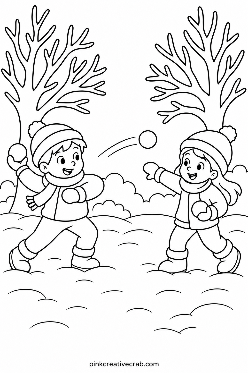 Snowball Fight In The Yard printable page — Leave the snowballs themselves plain white and color only the ground around them, so the thrown snow seems to pop