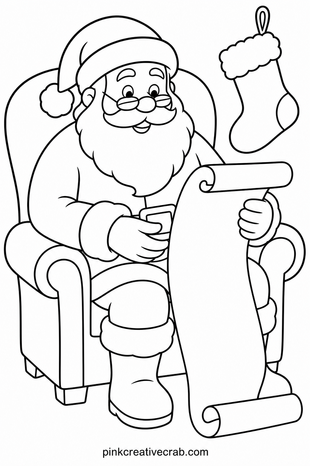 Santa Reading His List printable page — Once the coloring is done, trim around Santa and his list and glue the whole scene onto a folded piece of cardstock for