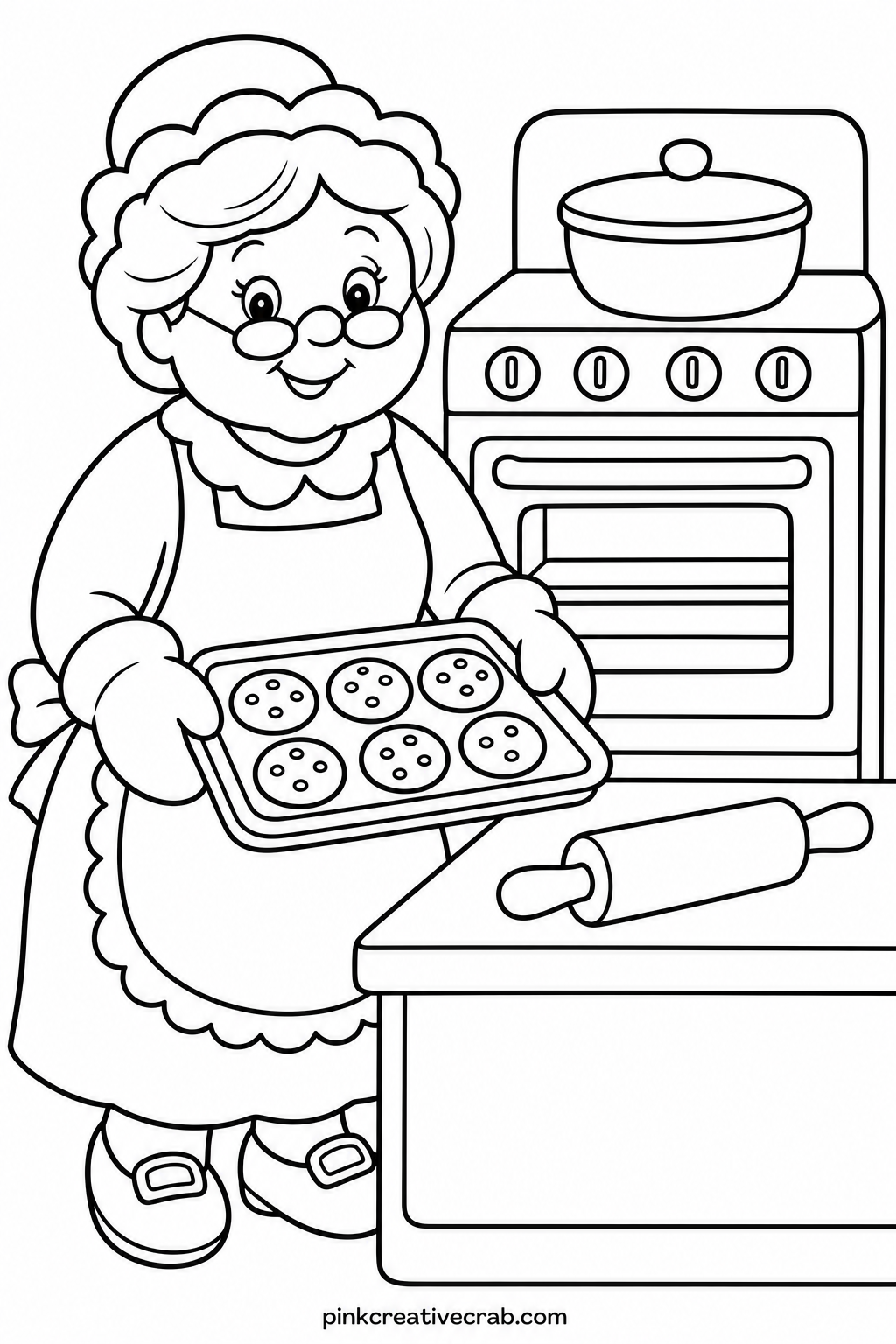 Mrs Claus Baking Cookies printable page — Common mistake here is coloring the cookie tray before the oven mitts, which forces a young colorer to rush the
