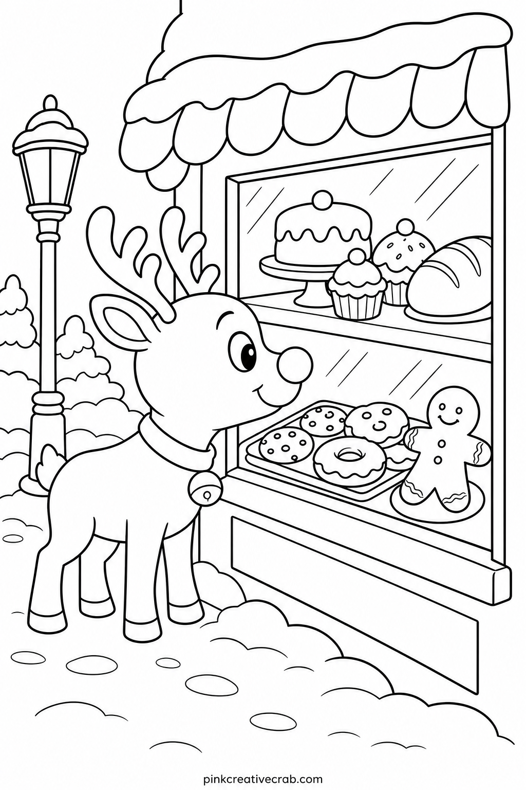 Reindeer At The Bakery Window printable page — While a child colors the window, ask what kind of treat the reindeer is hoping to see on the other side of the