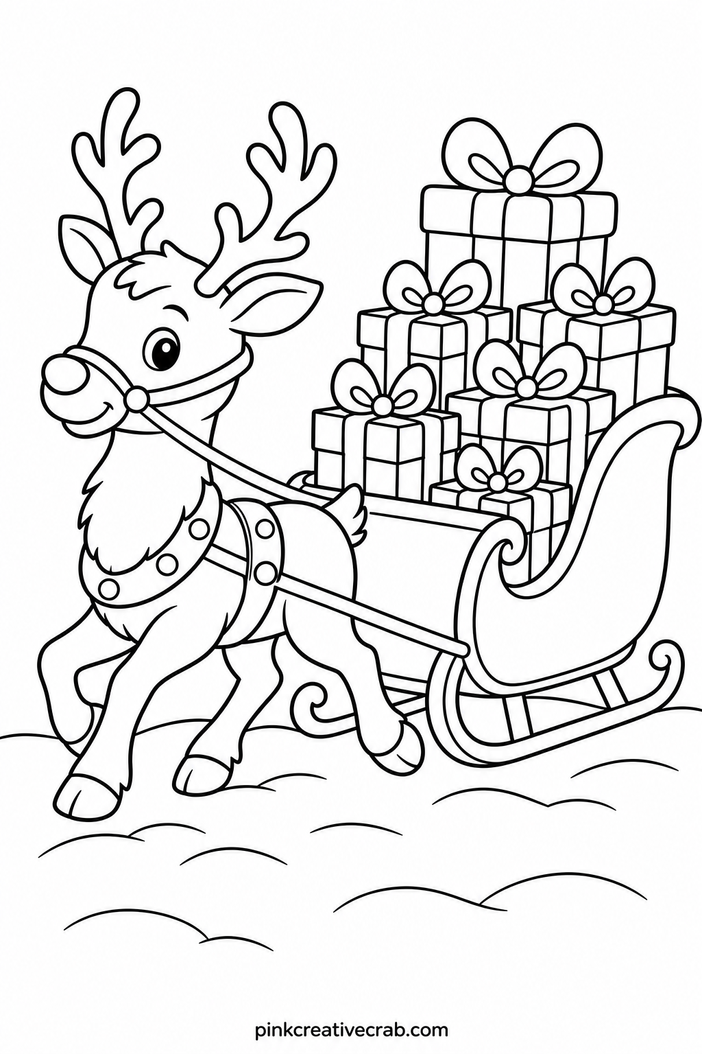 Reindeer Pulling A Sleigh Full Of Gifts printable page — Suits a child ready for more sections to fill, since the sleigh and stacked gifts offer extra shapes
