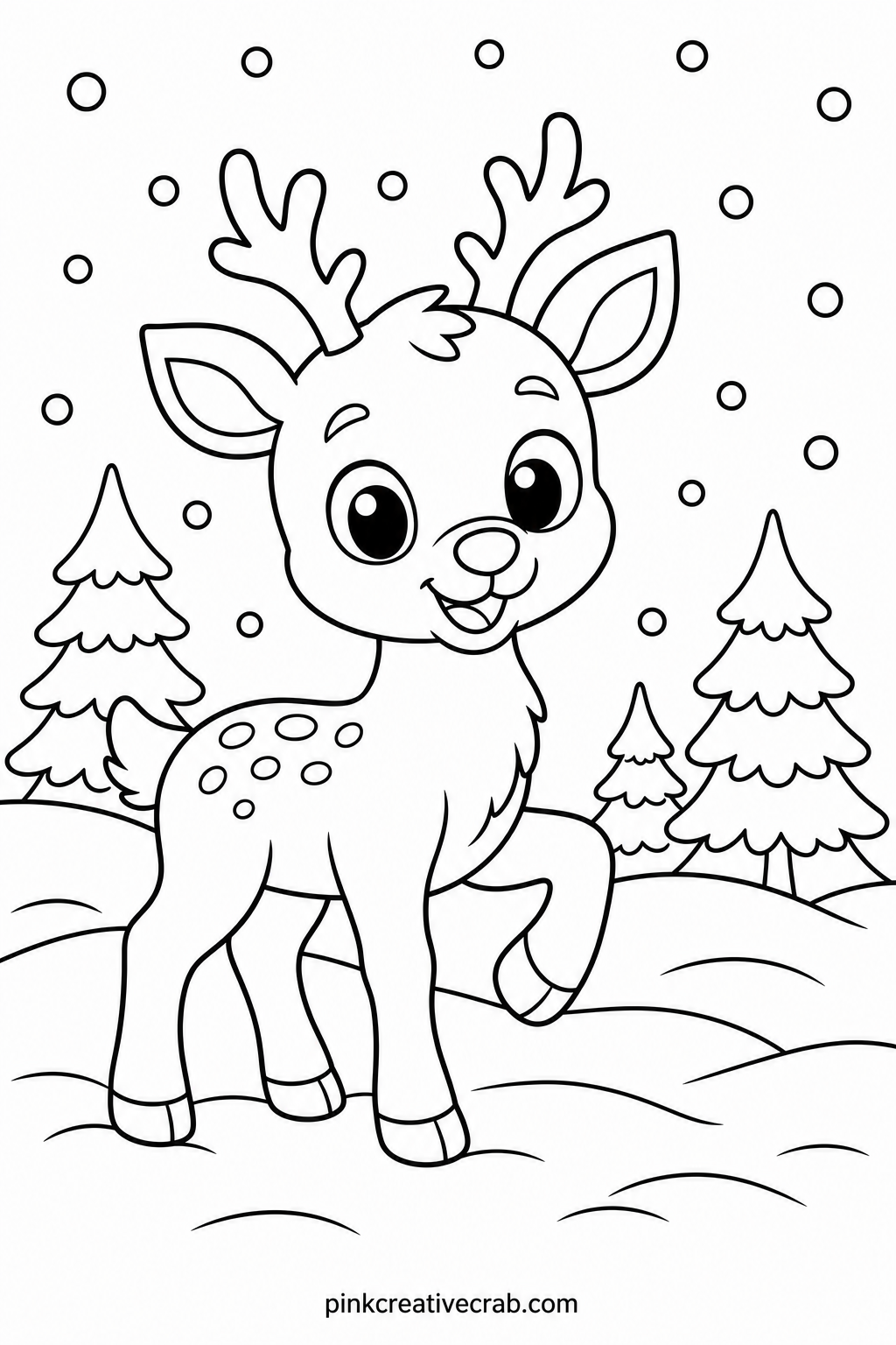 Baby Reindeer In The Snow printable page — Soft brown and tan crayons suit the baby reindeer best, since a lightly colored coat looks more realistic than one