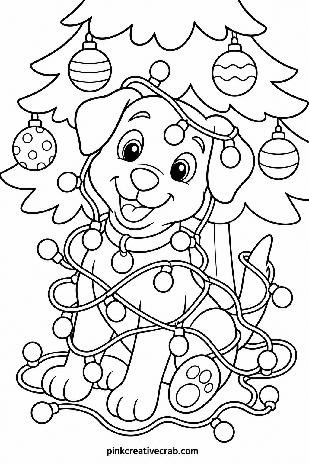Puppy Tangled In Tree Lights printable page — Color every light bulb a different bright shade and leave the string itself uncolored, so the lights look like