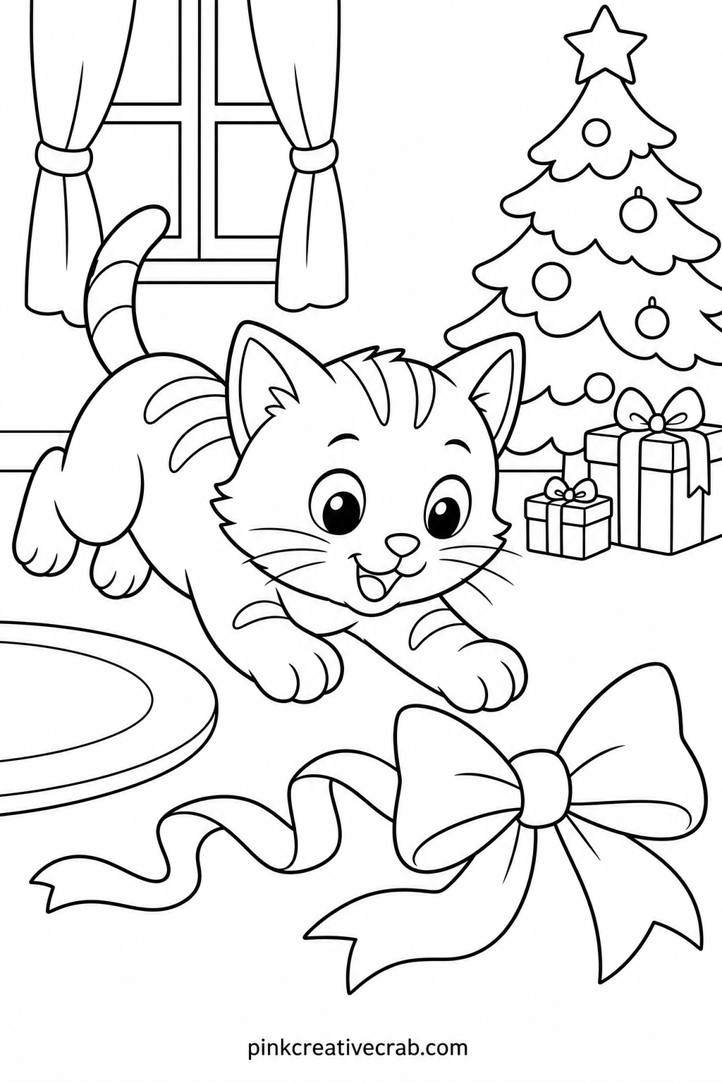 Kitten Chasing A Christmas Bow printable page — Cut the finished kitten out along the bold outline and tape it to a window, where the light from outside makes