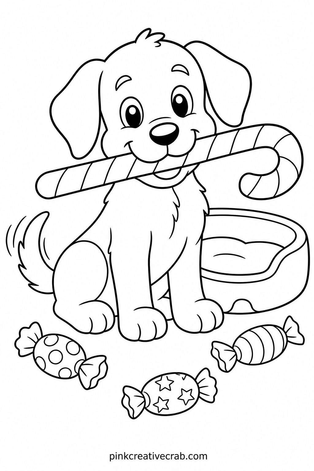 Puppy With A Candy Cane printable page — Pair this page with Puppy Tangled In Tree Lights so the two dogs can sit side by side on a bedroom wall or in a