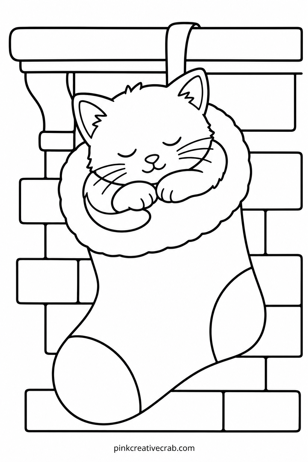Kitten Curled In A Stocking printable page — Usual mistake is coloring the stocking the same red as the kitten's bow, which flattens the whole scene into one