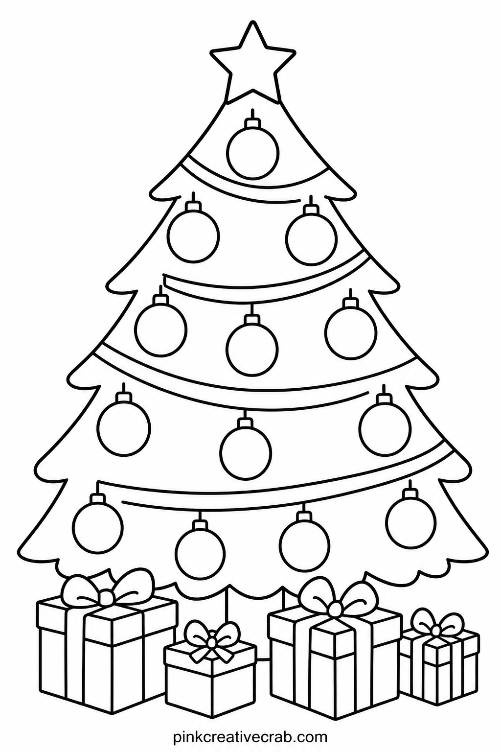 Big Christmas Tree With Ornaments printable page — Short on time, color only the ornaments and the star on top and leave the rest of the tree as plain green