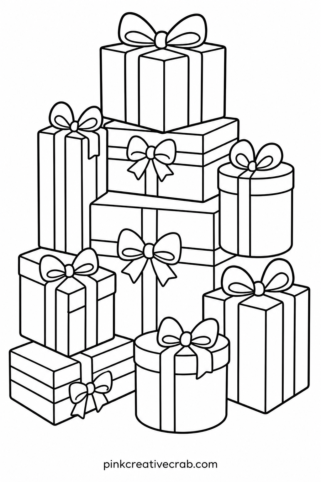 Stack Of Wrapped Presents printable page — Suits a child who likes picking lots of different colors, since each present box on the stack can be a completely
