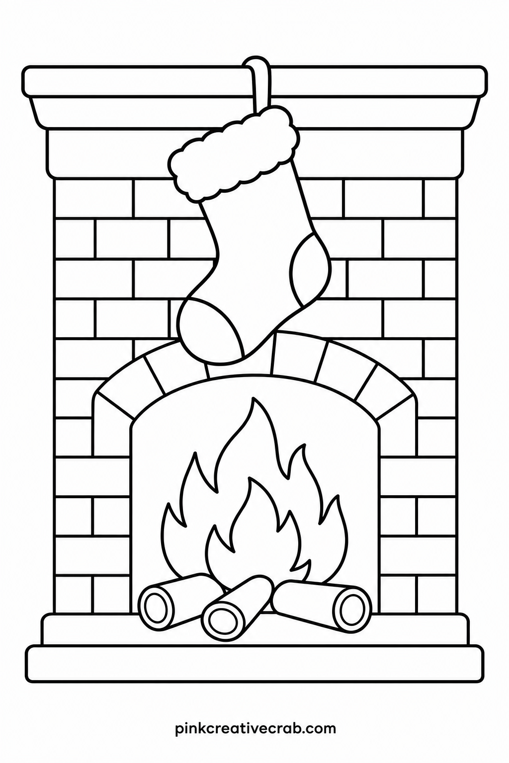 Stocking Hung By The Fire printable page — Fine-tip markers work well on the stocking's small cuff details, while the fireplace bricks behind it are better