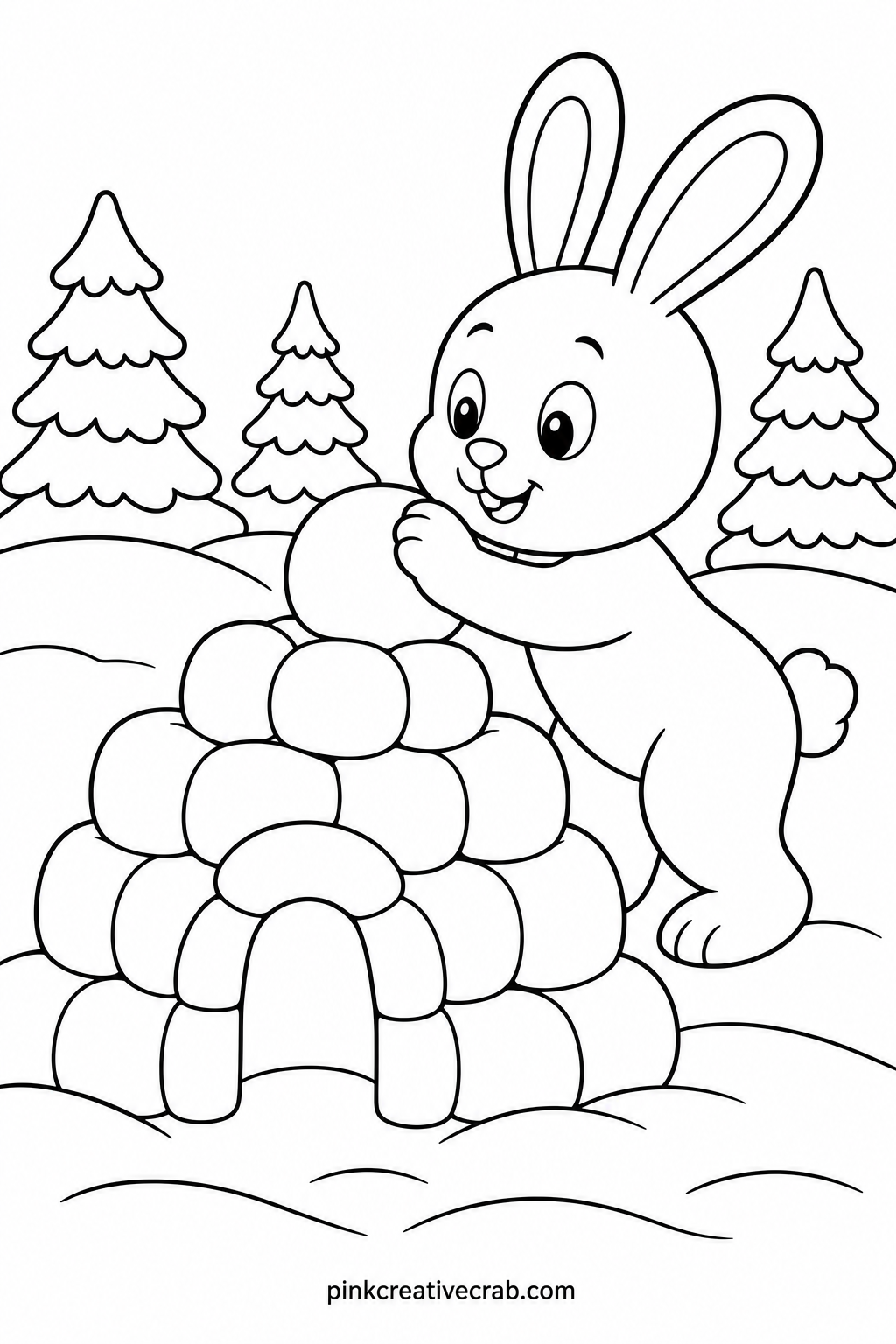Bunny Building A Snow Fort printable page — Once colored, this page folds nicely into a small greeting card for a grandparent who likes bunnies, with the fort