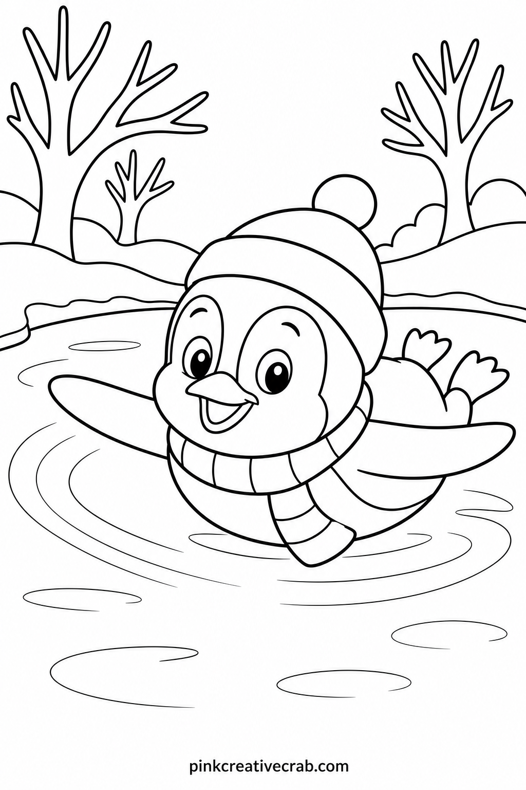 Penguin Skating On Ice printable page — Pair this page with Bunny Building A Snow Fort so the set ends with two winter animals enjoying the snow side by side.