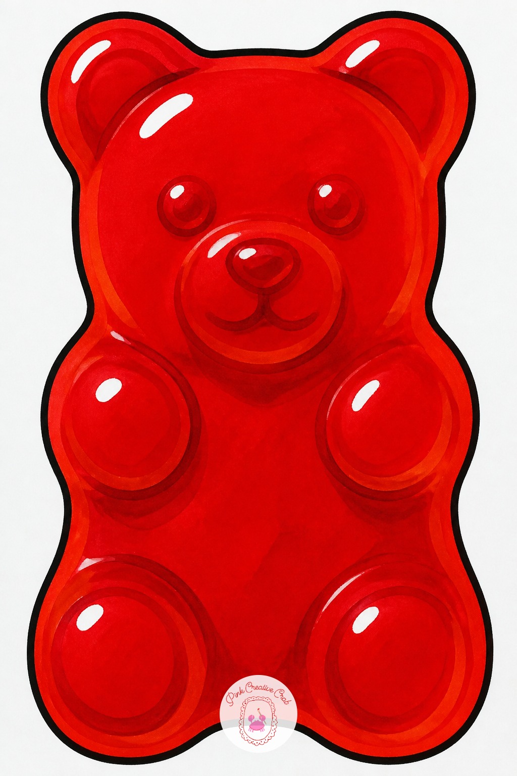Single Gummy Bear — Pick a chisel-tip alcohol marker in a candy red or amber and lay down one flat pass across the whole bear shape before you add anything