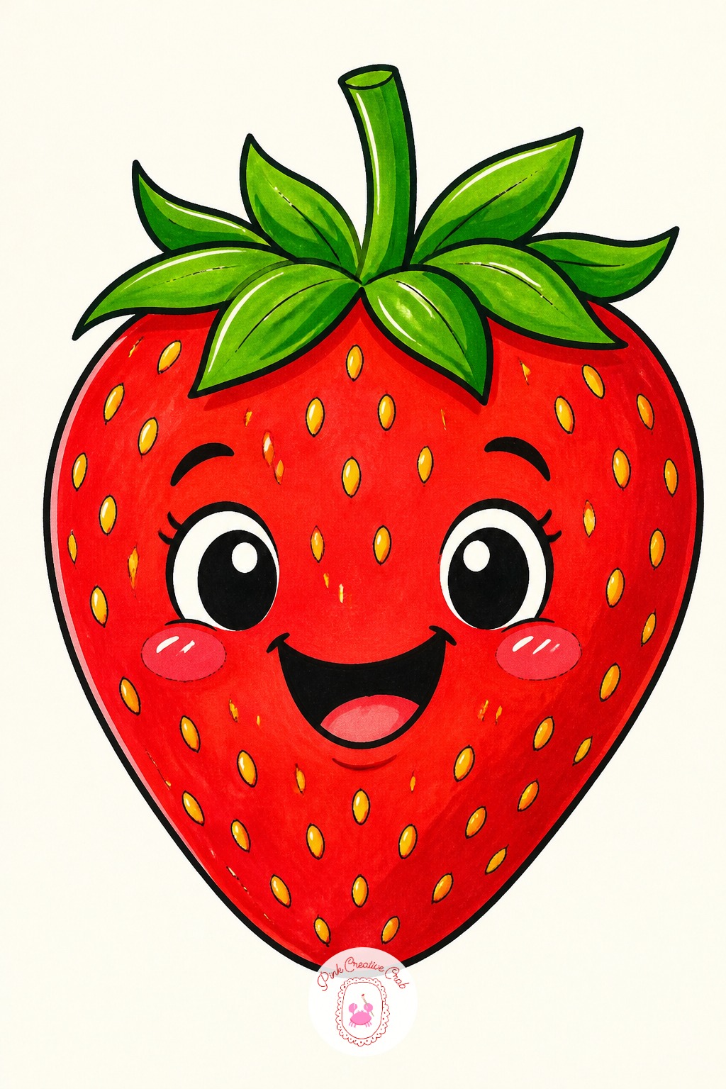 Strawberry With A Face — Dot the seeds in before the red fully dries and they sink into the surface instead of sitting on top like stickers. Marker drawing