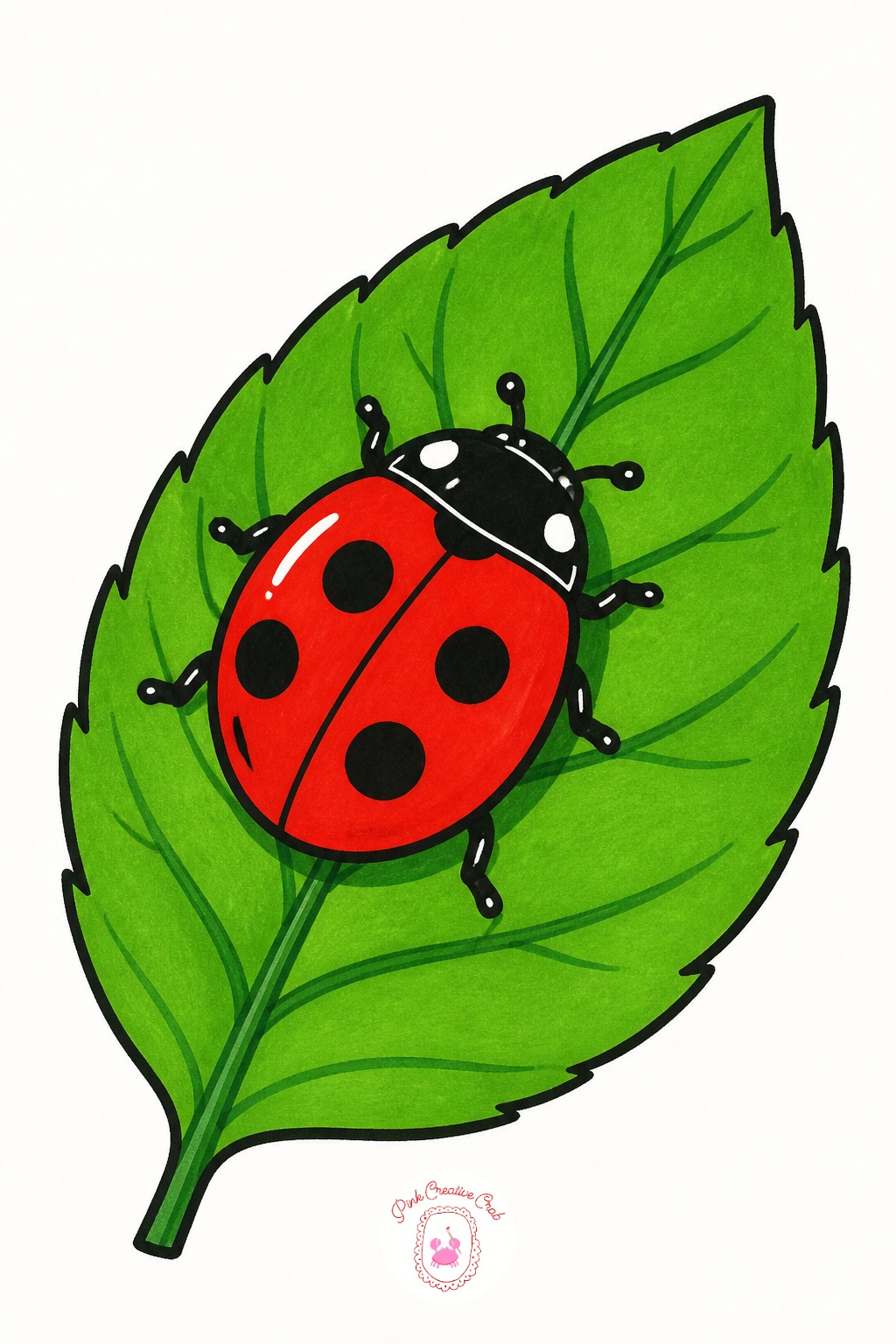 Ladybug On A Leaf — Lay the leaf down first, one flat pass of mid-green across the whole shape, and let it dry completely before anything sits on top of it.