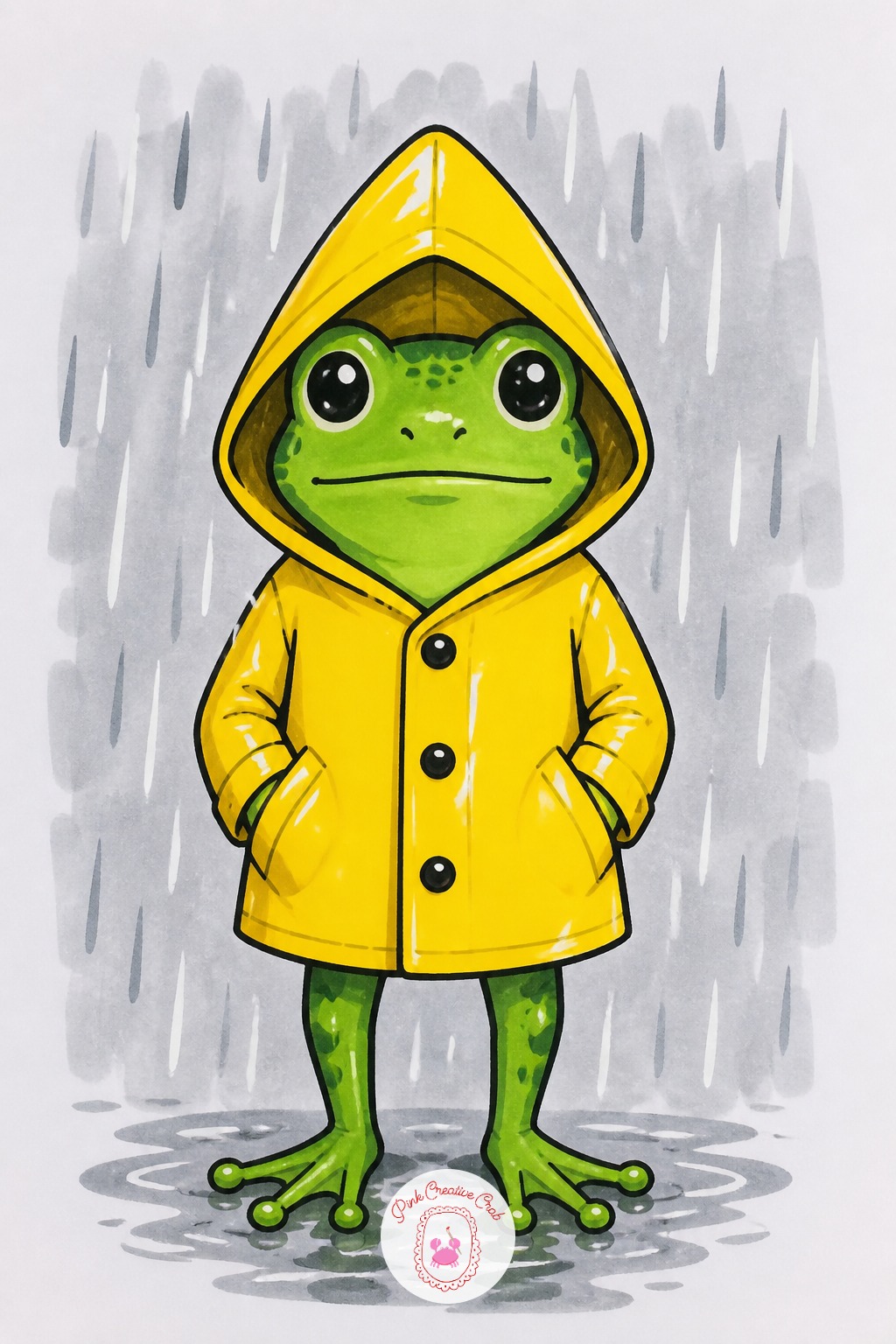 Frog In A Yellow Raincoat — Choose a fine brush marker for the raincoat's folds, not a broad chisel, because the thin tip can taper a fold line from thick to