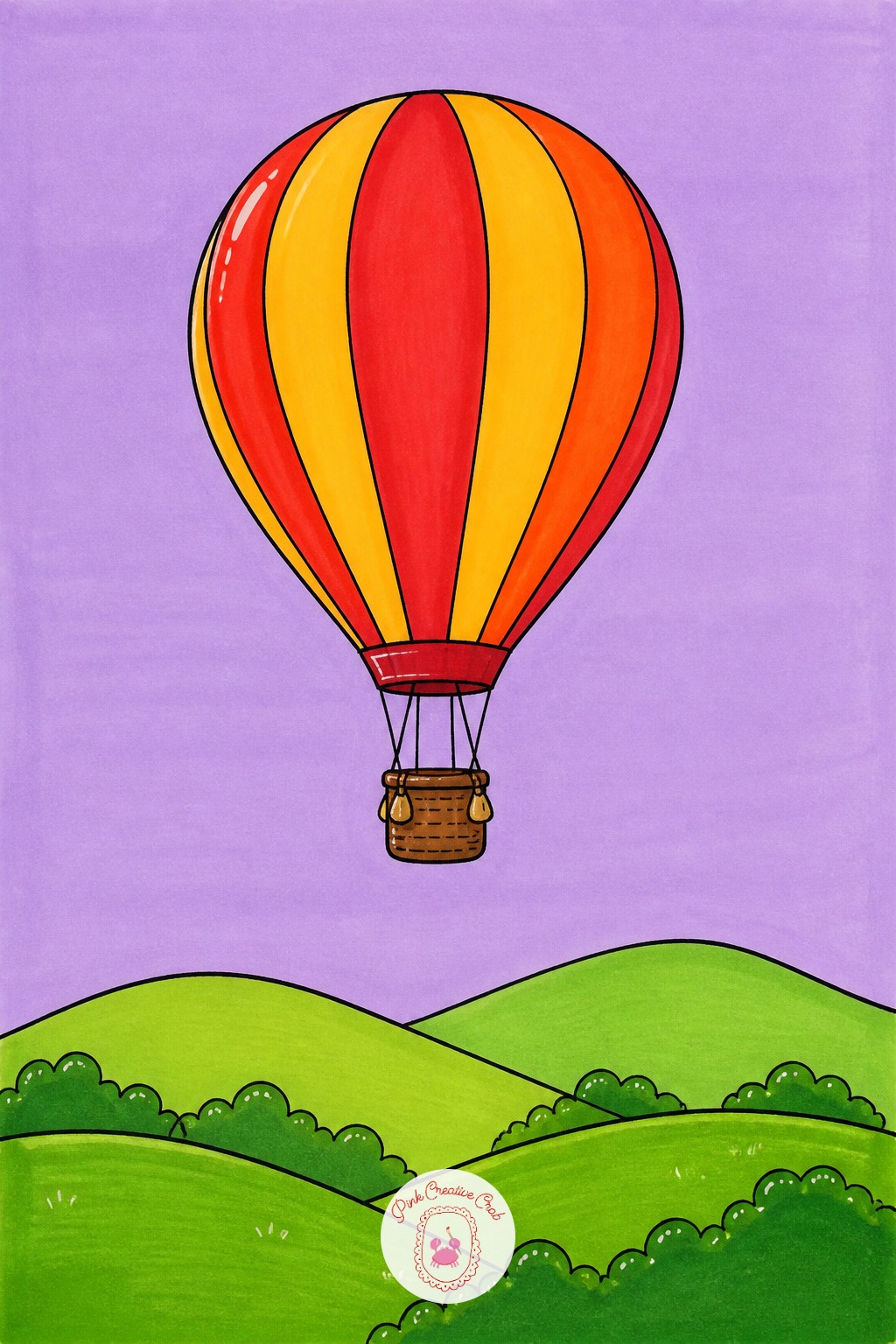 Hot Air Balloon Over Hills — Lay the sky in first, one flat pass of pale blue or lavender across the whole background, and let it dry before the balloon goes