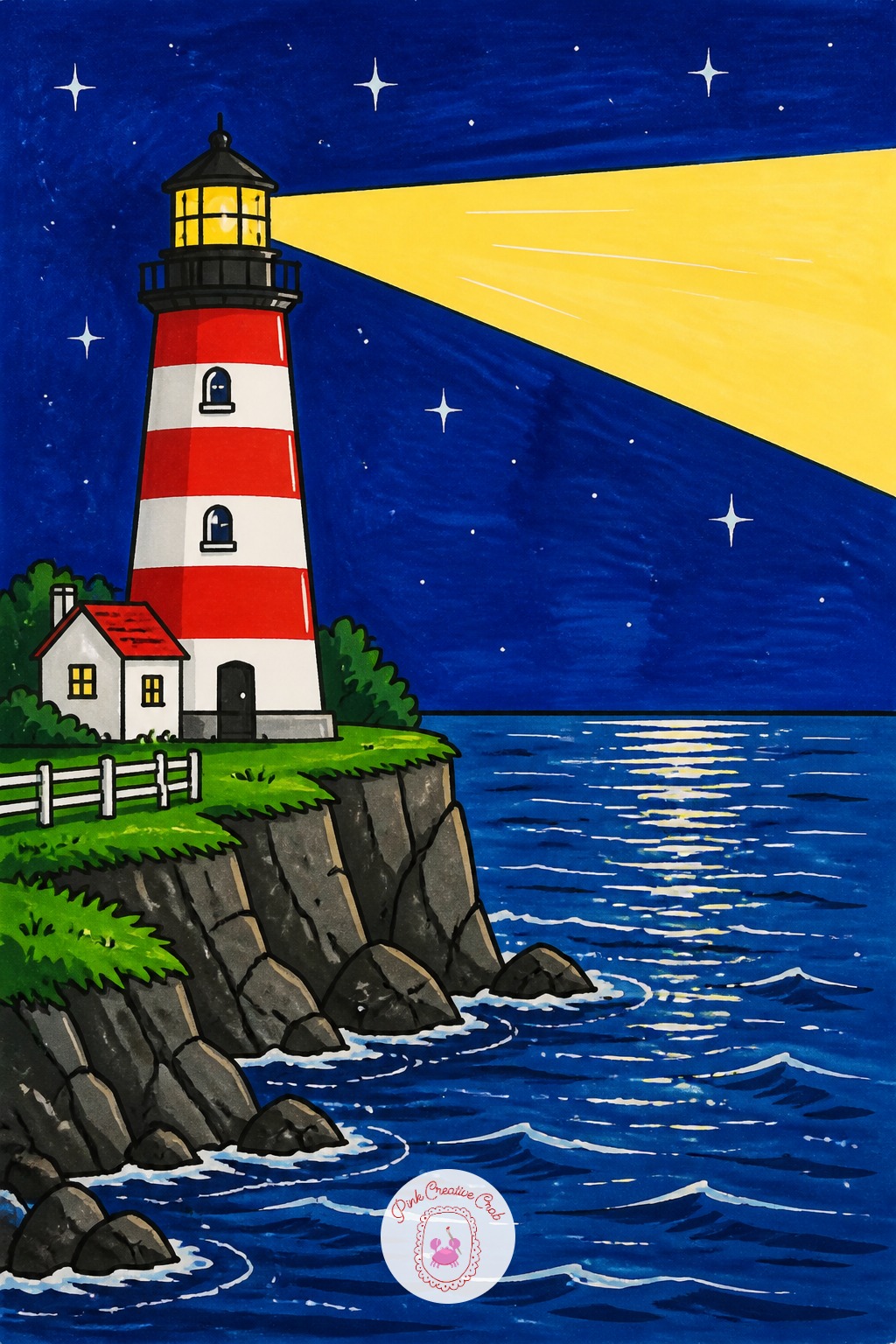 Lighthouse By The Sea — Set the light source as the lighthouse's own beam rather than an outside sun, which changes the whole drawing: the beam becomes the