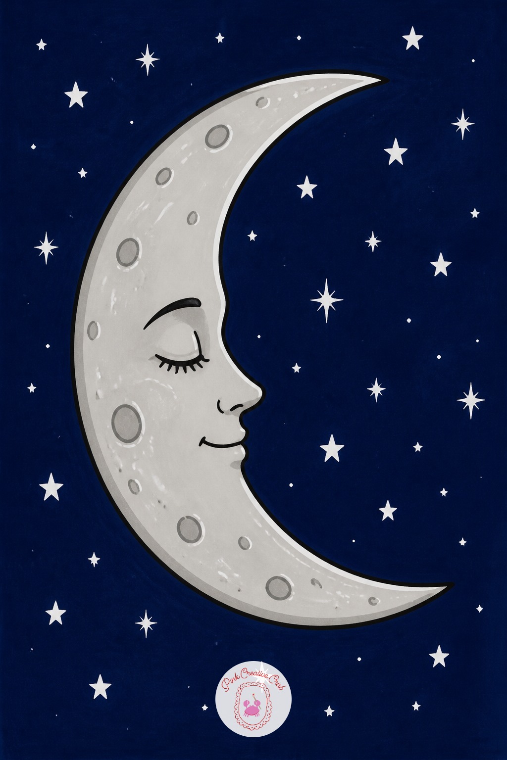 Moon Face With Stars — Dab rather than stroke for the moon's craters: press the broad end of a gray marker flat against the paper and lift straight up, which