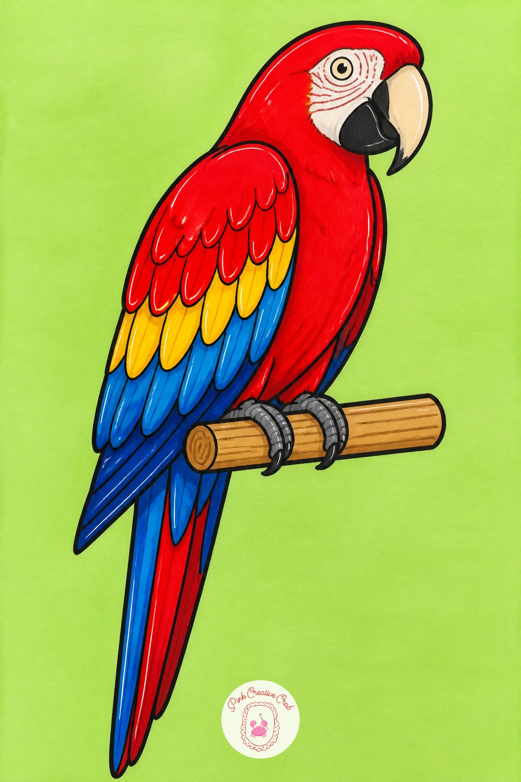 Parrot On A Perch — Once one parrot in bold red and blue works on the page, change the color family entirely for the next version rather than the pose: a green