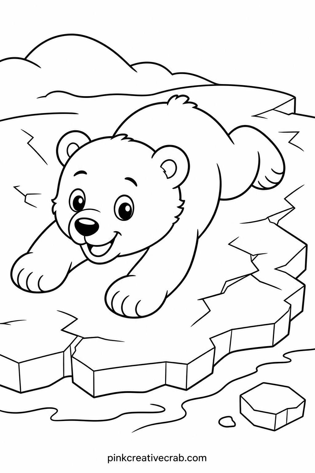 Polar Bear Cub Sliding On Ice printable page — Suits beginners who love animals and want a big, simple shape to fill in fast, since the cub covers most of the