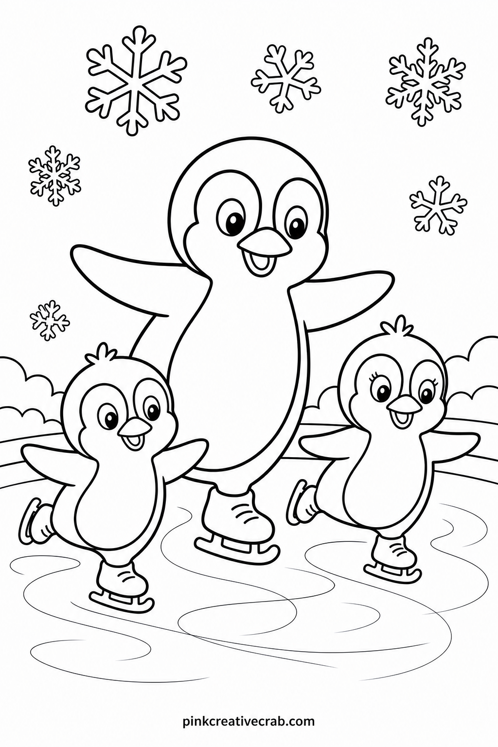 Penguin Family Ice Skating printable page — Washable markers glide smoothly over the thick black outlines, and chunky crayons work just as well when little