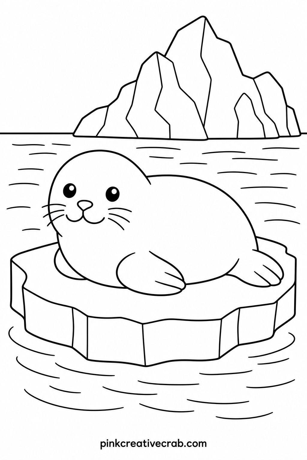 Seal On Ice Floe printable page — Leave small patches of white paper bare on the seal's belly to suggest shine on wet fur, instead of coloring the whole shape