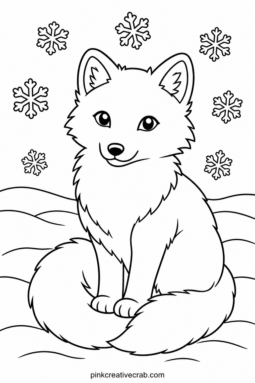 Arctic Fox In Snow printable page — Trim this page along the outer edge once the color dries, and it turns into a sturdy bookmark for a winter reading list.