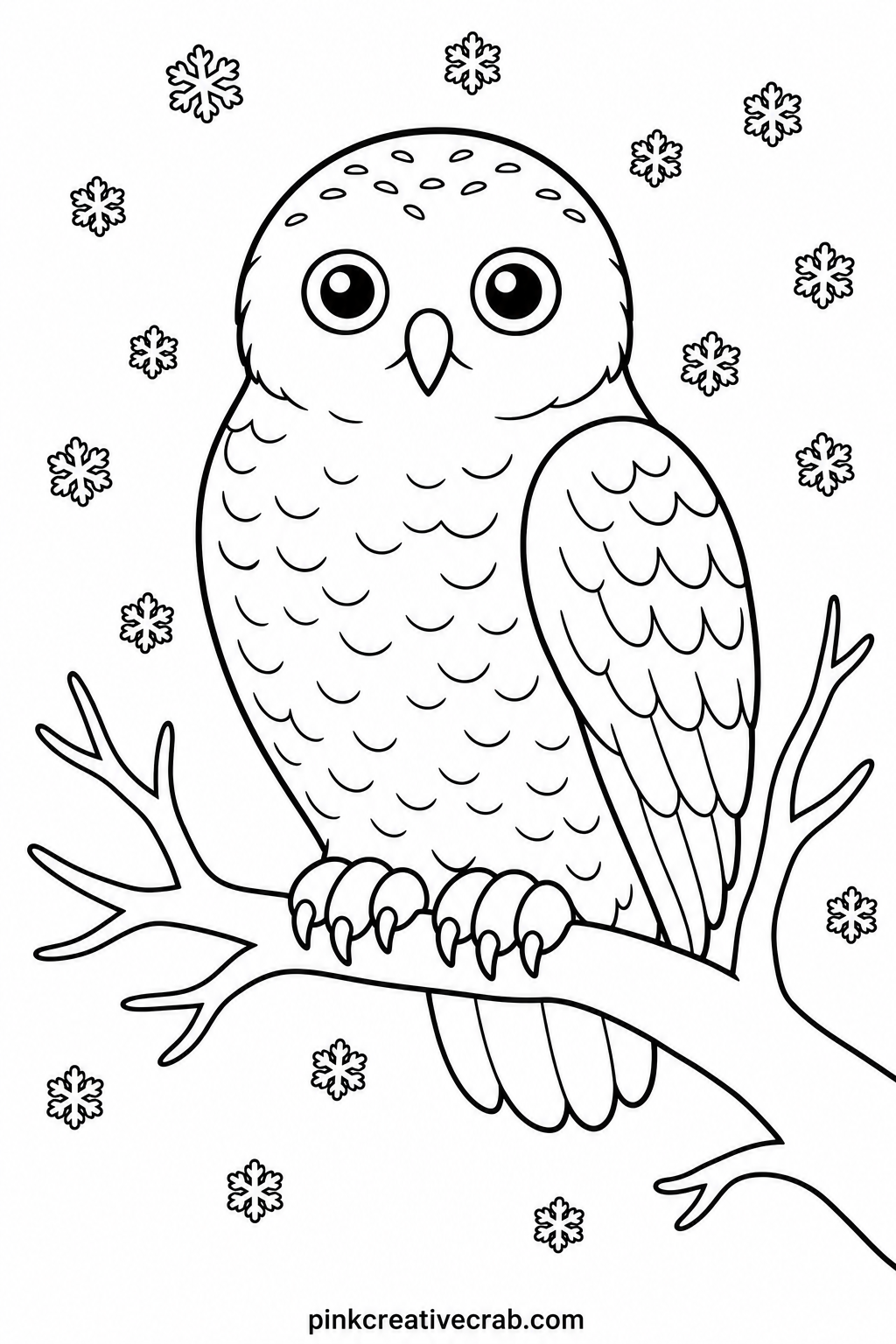 Snowy Owl On Branch printable page — Pair this owl with the pine trees page further down the set, and the two sheets make a matching woodland scene for a