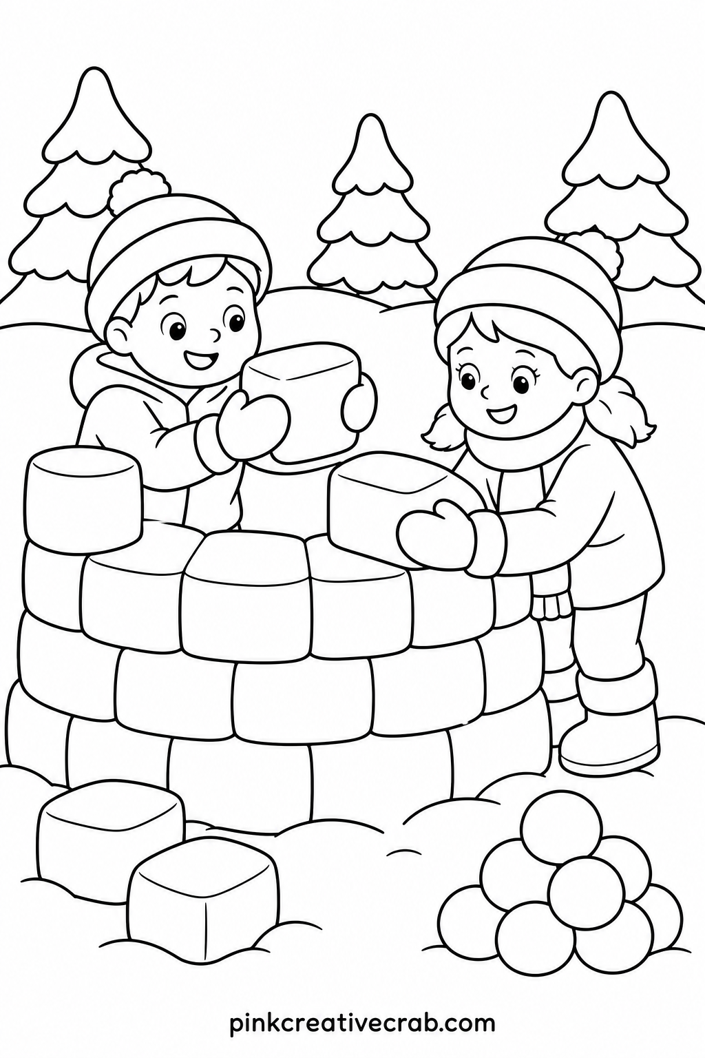 Kids Building A Snow Fort printable page — The common mistake here is coloring the snow fort pure white and leaving it blank, which makes the whole sheet look