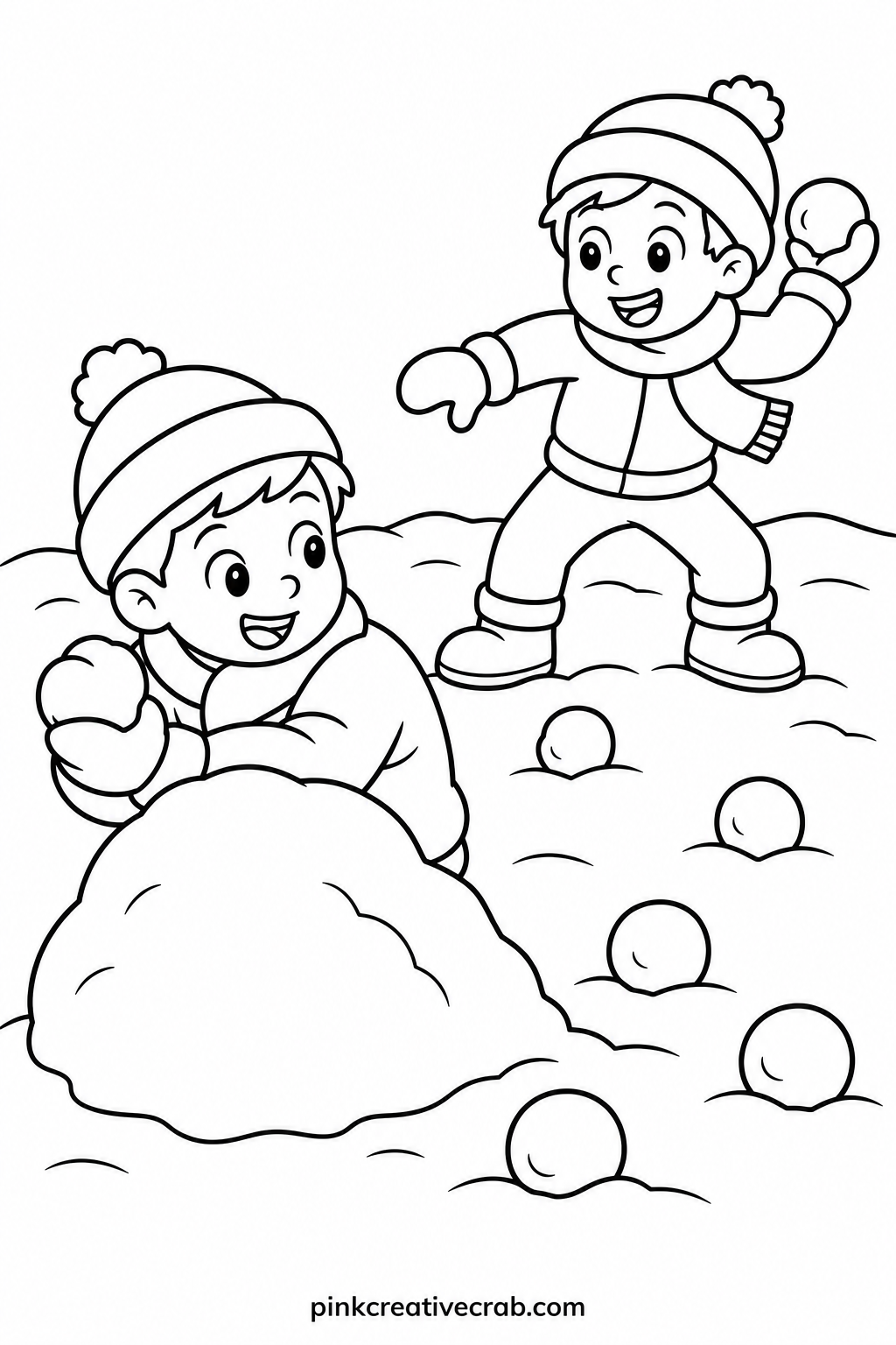 Snowball Fight printable page — For a quick ten-minute version, color only the two children's coats and hats and leave the snowballs and background paper