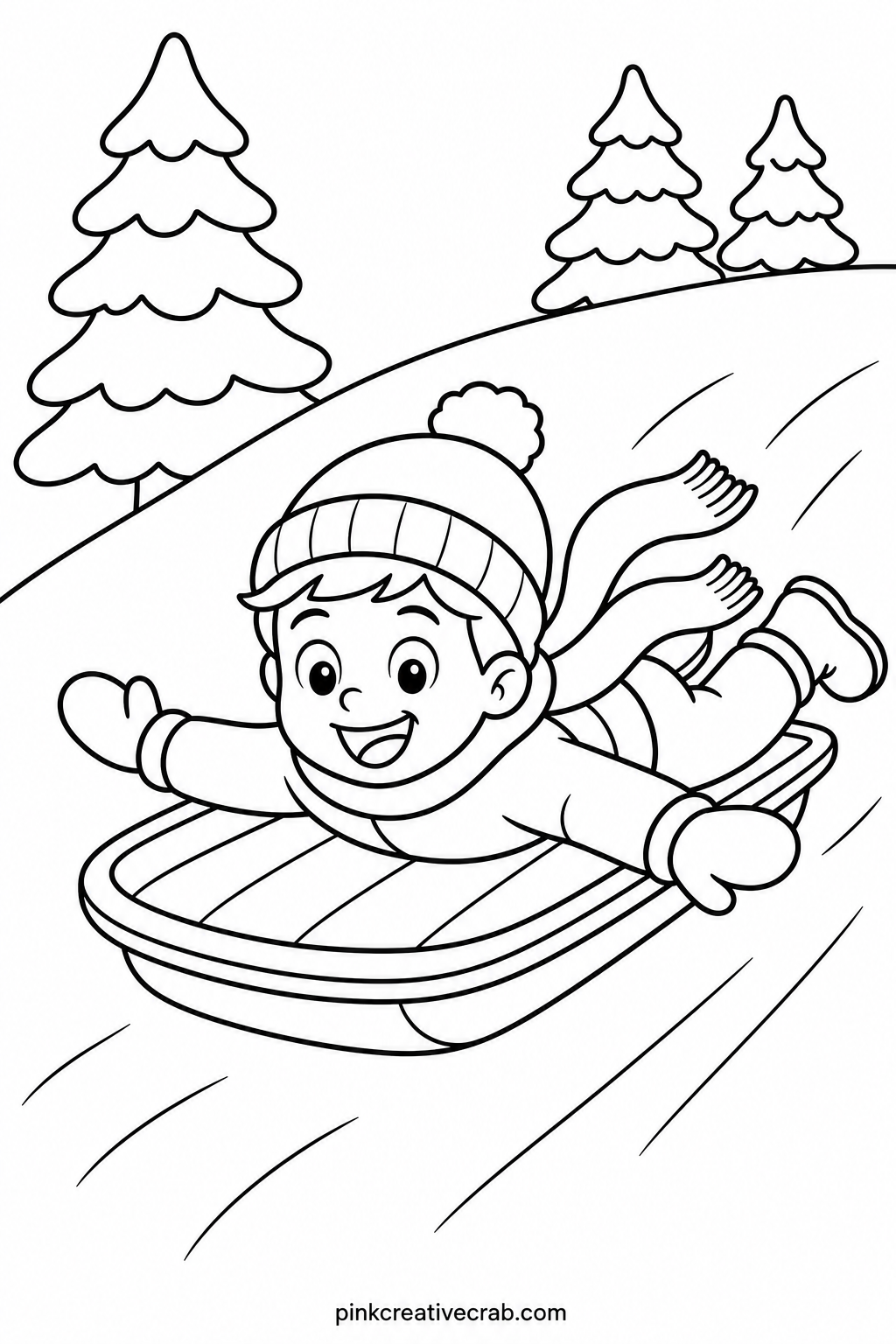 Sledding Down A Hill printable page — Ask the child coloring this page what color sled she would pick for herself, and let that answer guide the whole sheet.