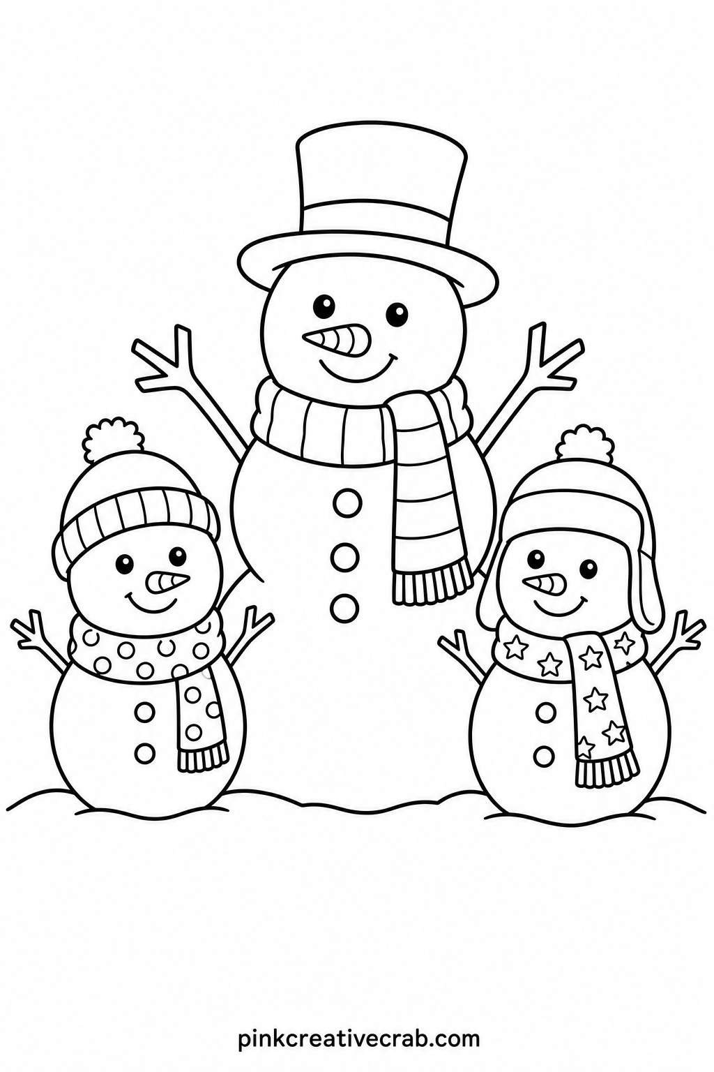 Snowman Family printable page — Fat triangle crayons or chunky markers both work well on the wide snowman bodies, since there is no fine detail to navigate