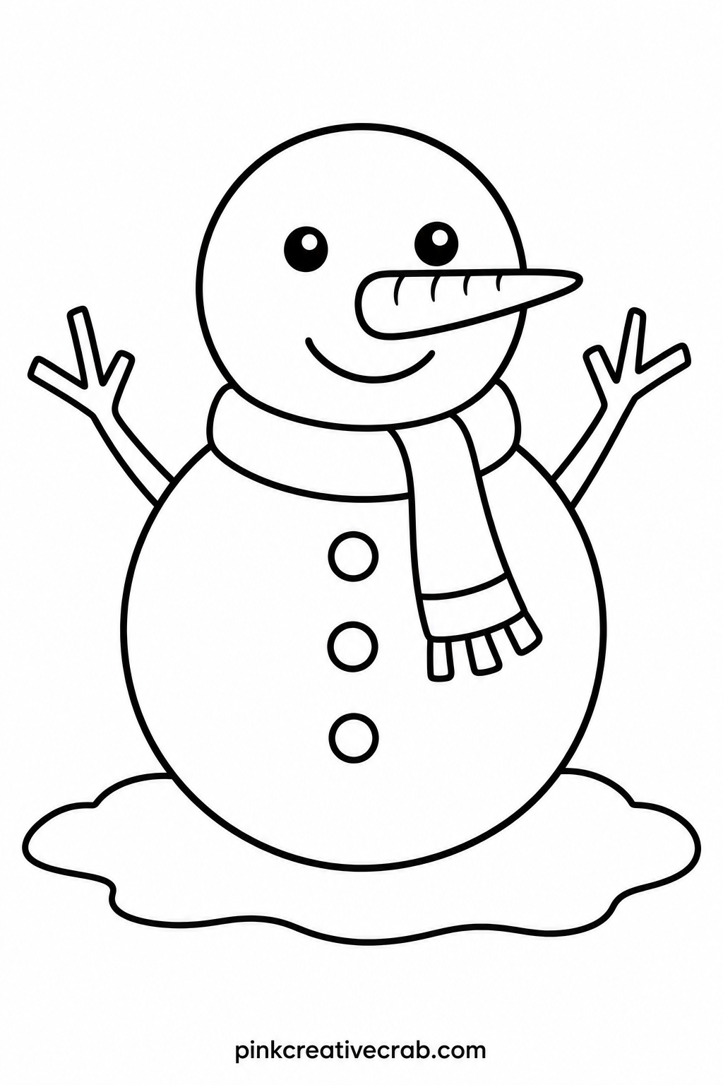 Snowman With Carrot Nose printable page — Color only the carrot nose, buttons and scarf in bright color and leave the snowman's round body white, so the snow