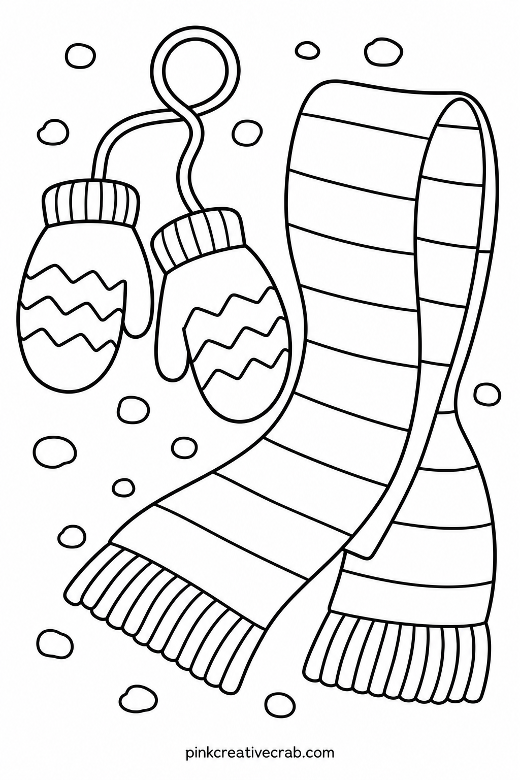 Mittens And Scarf printable page — Pair these mittens with the snowman family page, since both sheets share the same bright winter colors and make a tidy