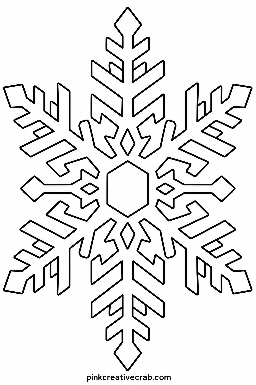 Giant Snowflake Pattern printable page — The usual mistake with a snowflake page is rushing the six points and leaving some thinner than others, which throws