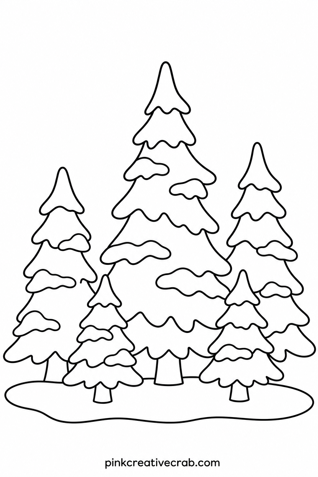 Pine Trees In Snow printable page — For a ten-minute version, color just the trunks and leave the tree tops and snowy ground white, letting the black outlines