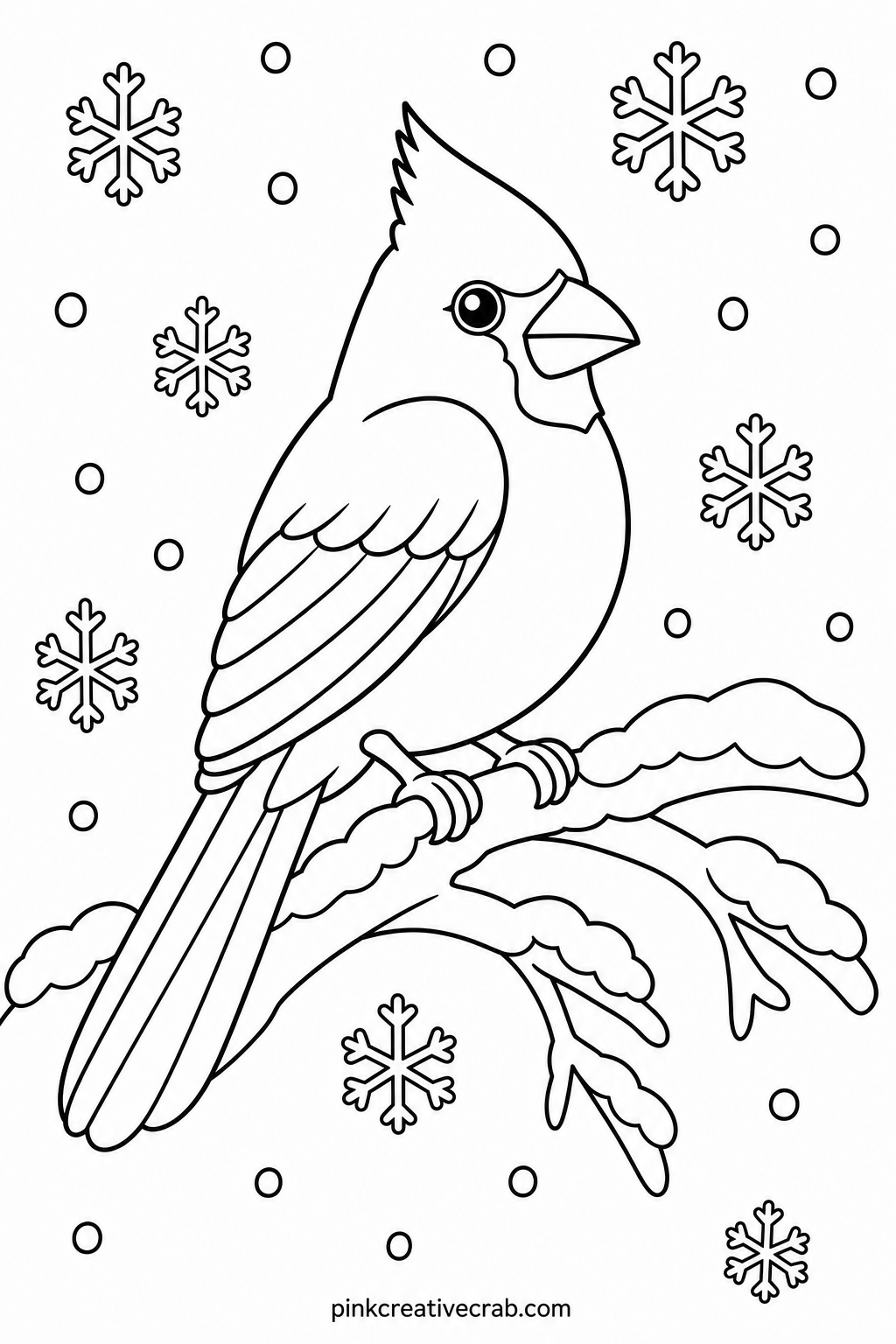 Cardinal Bird In Snow printable page — Ask what sound a cardinal might make while sitting in the cold, and let the child hum or whistle while coloring its
