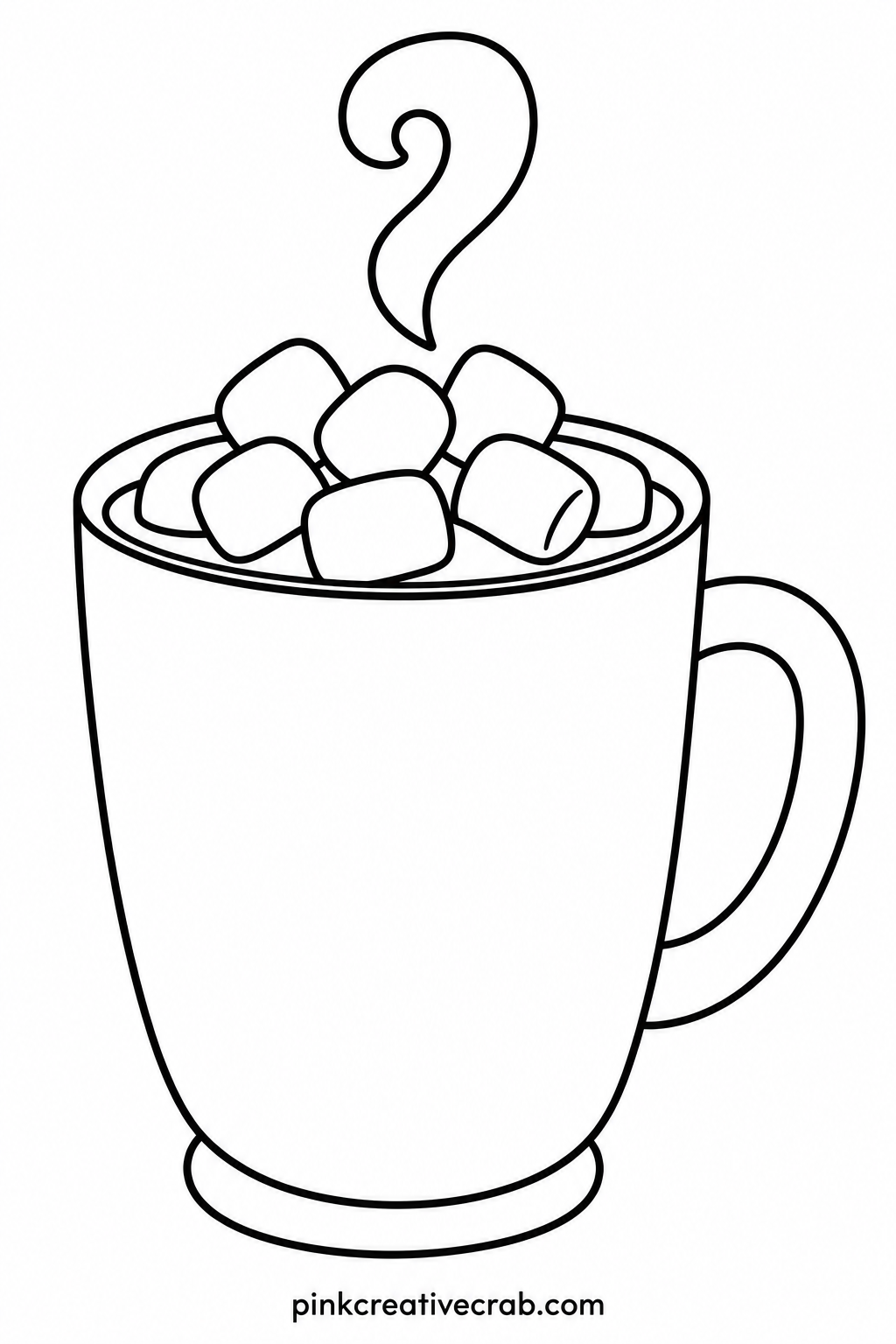 Hot Cocoa Mug printable page — Suits kids who want a fast, cozy finish, since the mug and marshmallows fill most of the page in just a handful of large shapes.