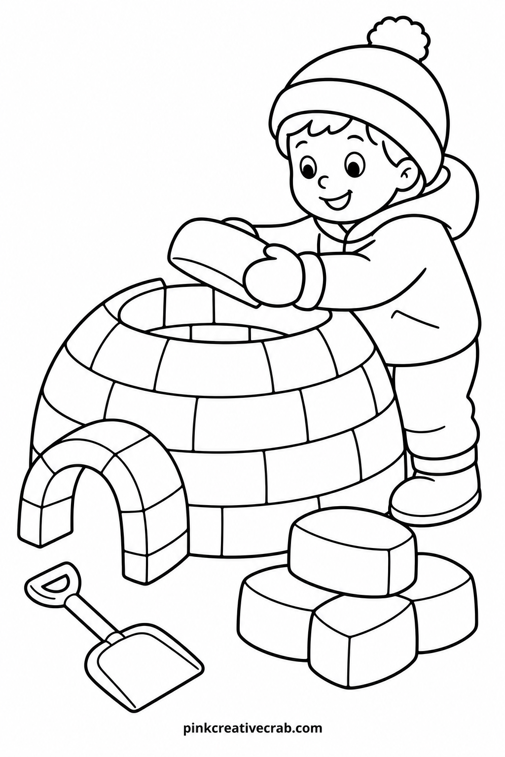 Child Building An Igloo printable page — Chunky colored pencils work best on the igloo blocks, since the curved lines between them need a steadier hand than